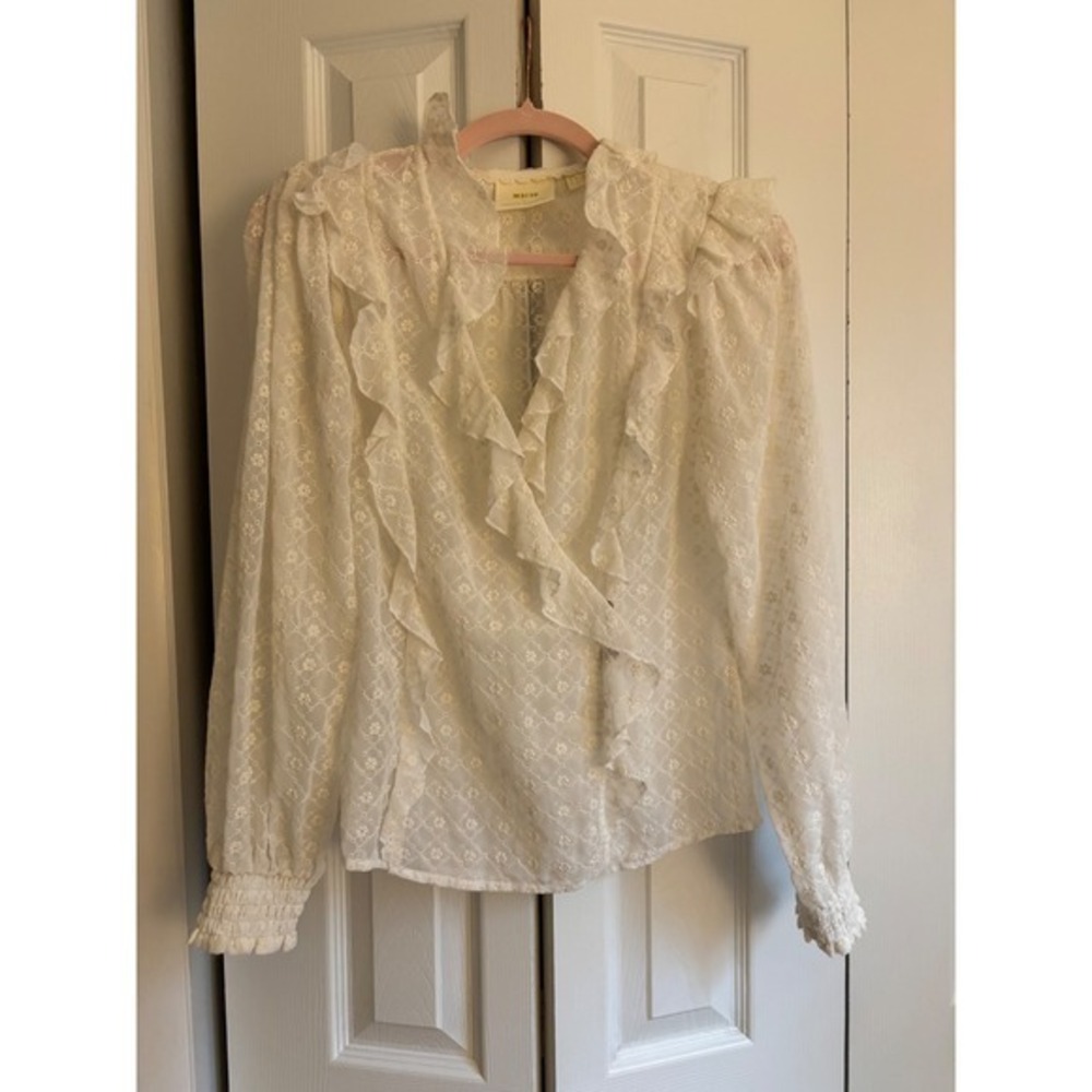 Maeve by Anthropologie Ivory Cream Wrap-Front Ruffle Blouse Size 8 boho feminine - Picture 4 of 7